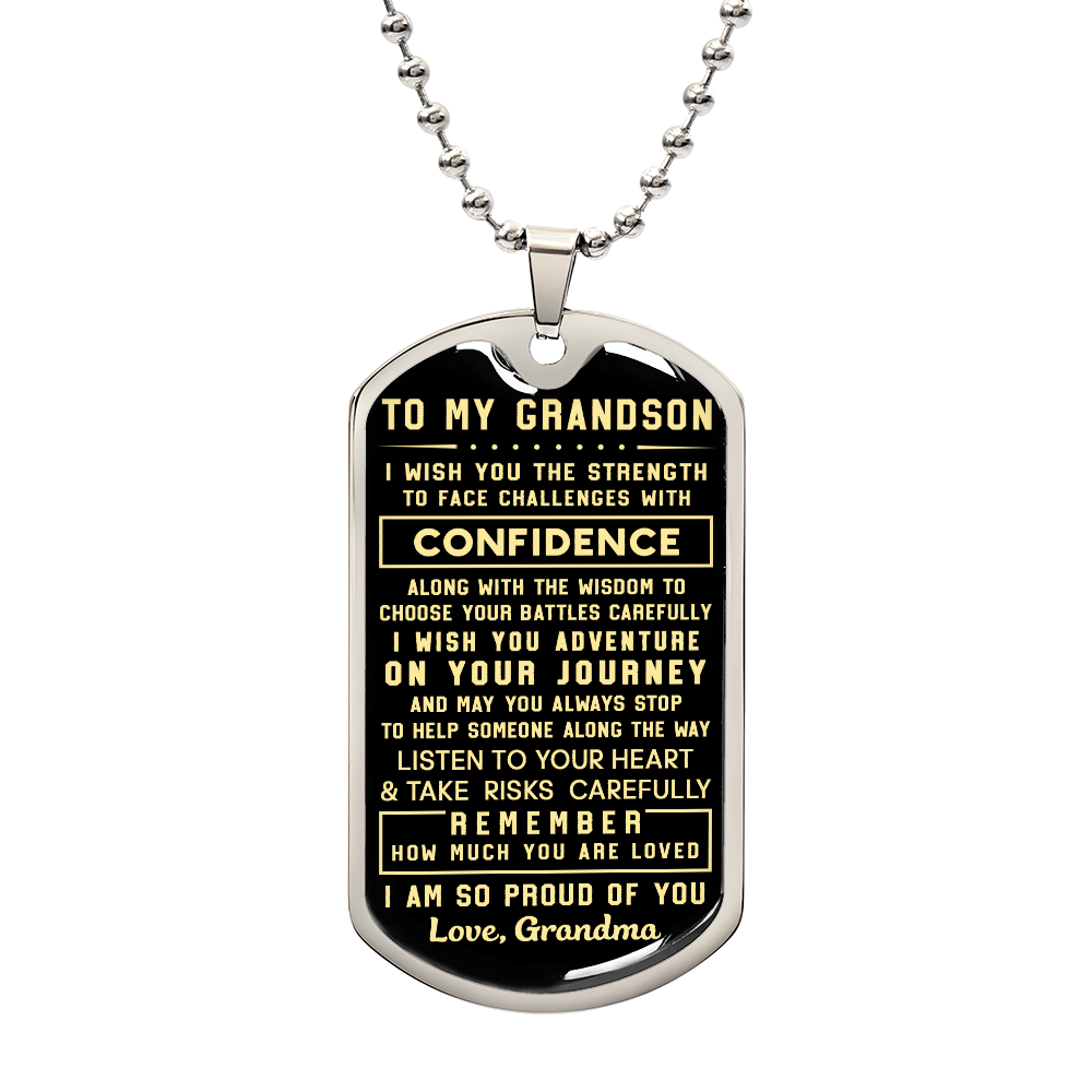 Grandson Gifts from Grandma, Inspirational Dog Tag Necklace 18K Gold Finish – Gifts for Grandson, Heartfelt Quote for Birthday, Christmas, Graduation Gifts Idea
