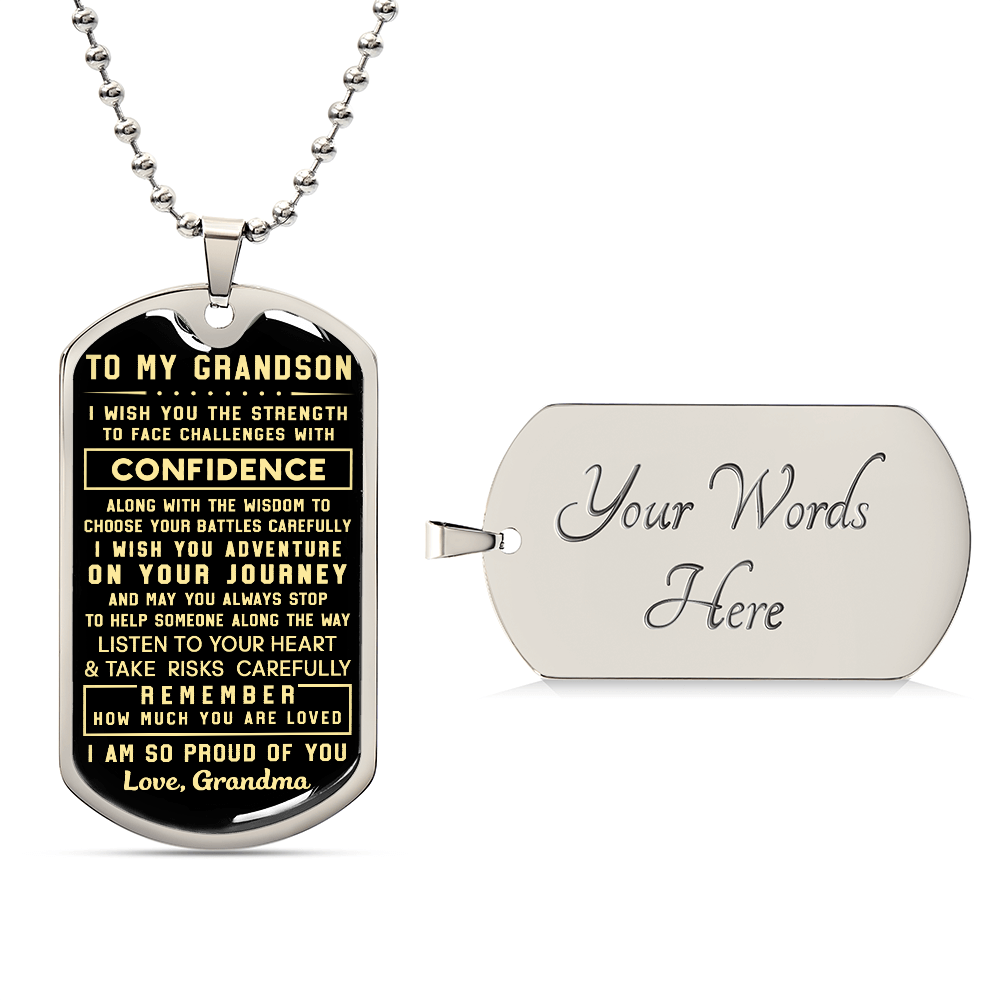 Grandson Gifts from Grandma, Inspirational Dog Tag Necklace 18K Gold Finish – Gifts for Grandson, Heartfelt Quote for Birthday, Christmas, Graduation Gifts Idea