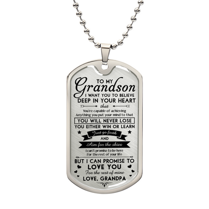 To My Grandson Dog Tag Pendant Necklace Inspirational Necklace from Grandpa Birthday Graduation Gift for Grandson from Grandfather